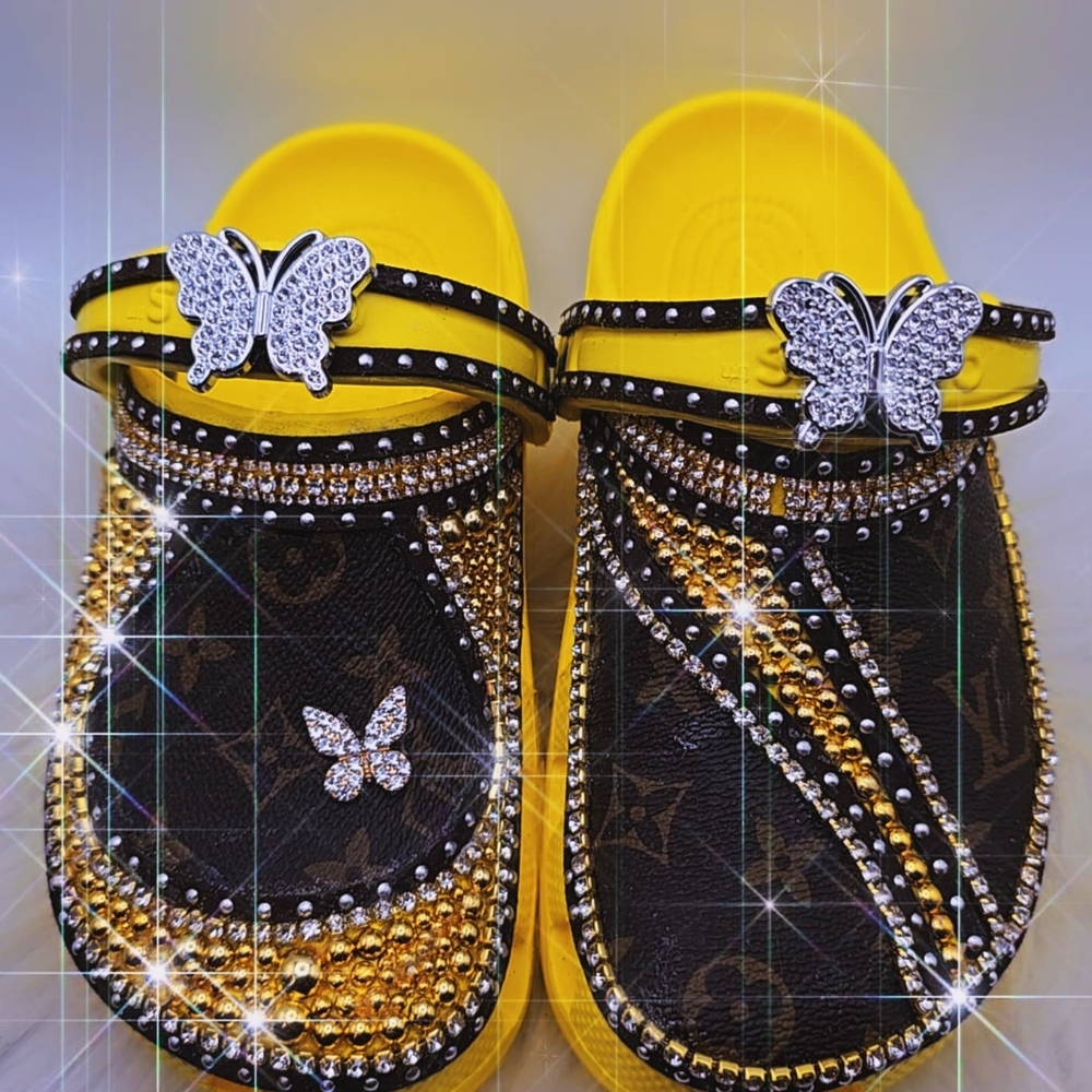 CROCS Black and Yellow Crocs with Rhinestone Butterflies